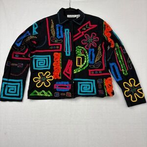 New Direction Womens Embroidered Applique Cotton Snap Front Blouse Black Small